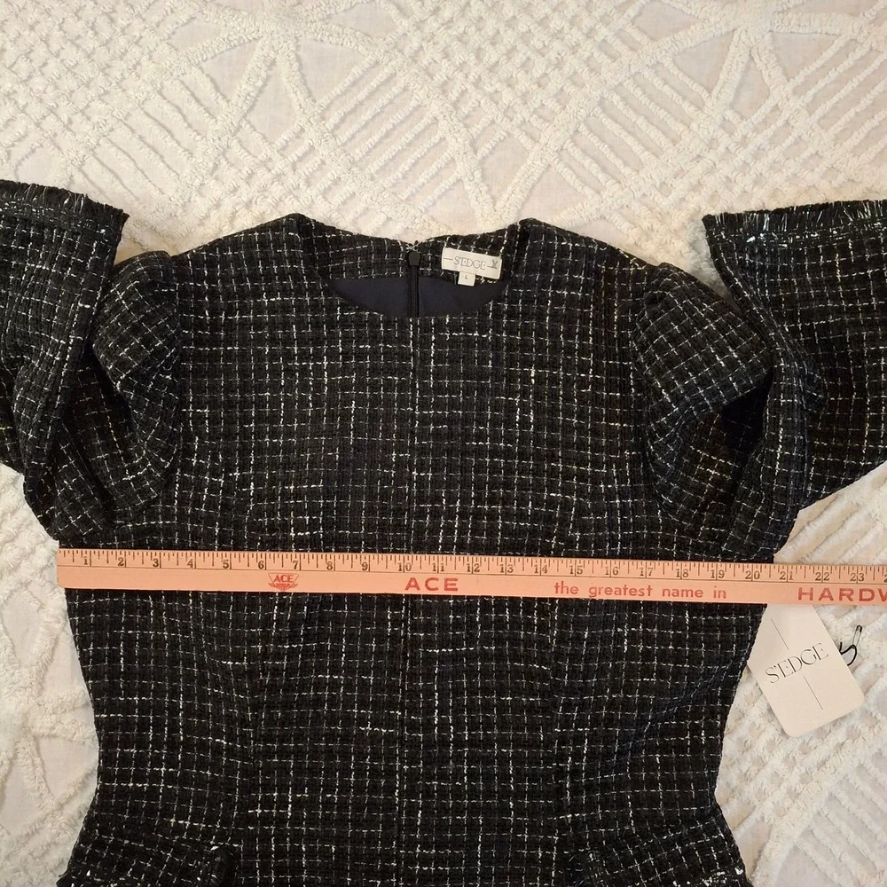 S'edge Womens Size Large Black White Tweed‎ Puff Sleeve Mini Dress NWT
